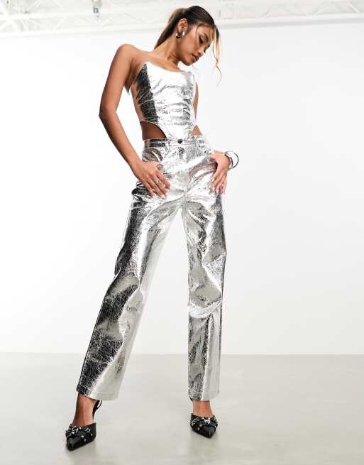 Jaded Rose textured metallic tailored pants in silver (part of a set), 4 of 4