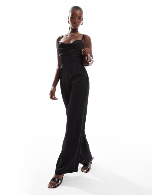 Jaded Rose - Tuta jumpsuit nera in raso stile corsetto