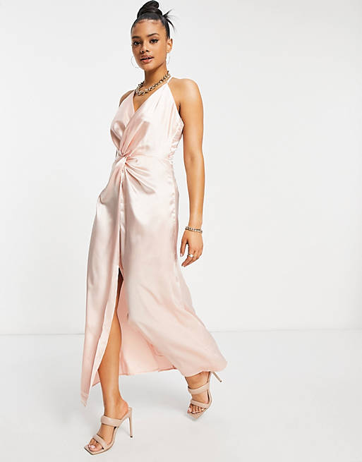 Jaded Rose twist front satin midaxi dress in pink 