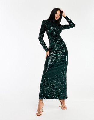 twist front sequin maxi dress in emerald-Green