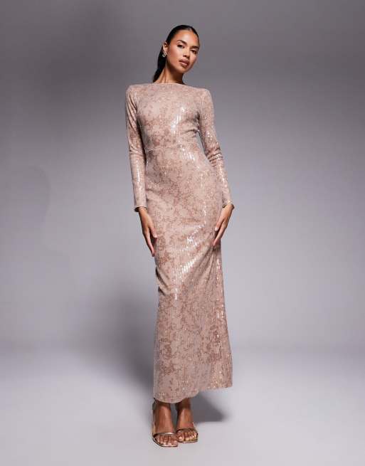 Jaded Rose - Vestito lungo a maniche lunghe color oro tenue con paillettes metallizzate