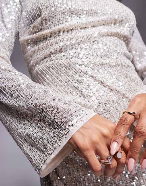 Jaded Rose - Vestito lungo a maniche lunghe in paillettes argento, 3 di 4