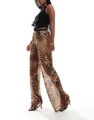 wide leg pants in leopard print-Brown