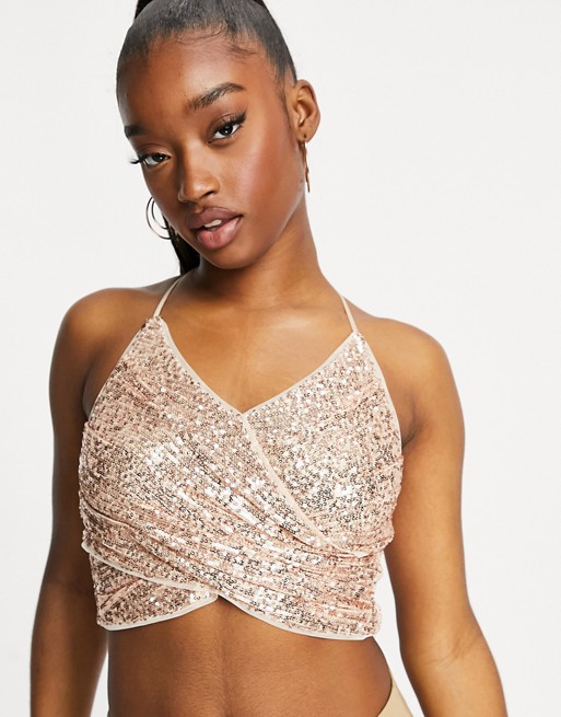 Jaded Rose wrap crop top co-ord in rose gold sequin