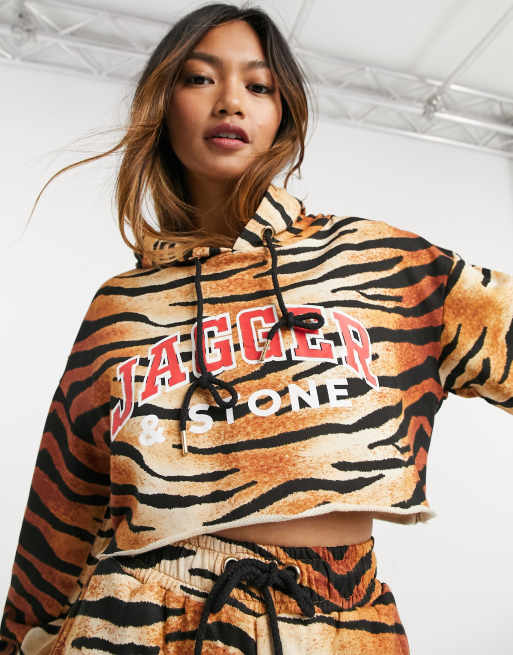 Jagger & Stone cropped hoodie with logo in tiger print co-ord