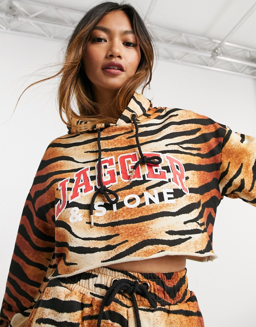 Jagger & Stone cropped hoodie with logo in tiger print-Brown