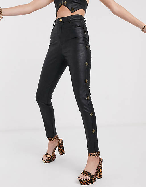 Jagger & Stone high waist trousers with star studs in faux leather co ...
