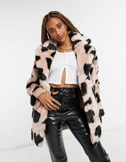 Black and white shop spotted faux fur coat