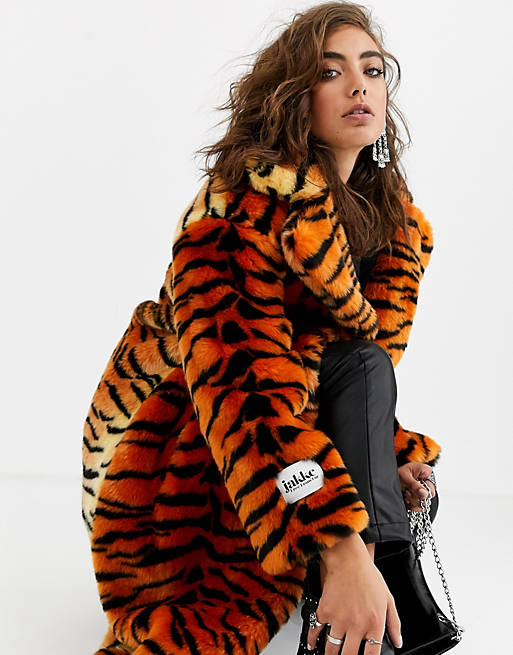 Jakke long coat in faux fur tiger print