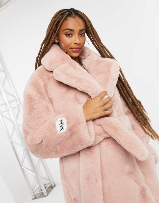 Long pink faux fur hot sale coat