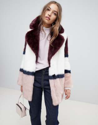 color block fur coat