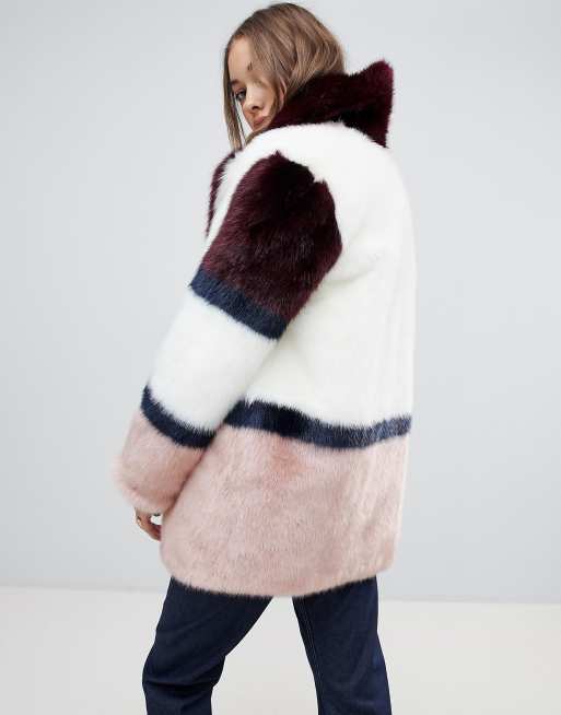 Colour block outlet faux fur jacket