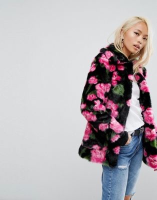 Jakke Mid Length Faux Fur Coat In Floral Print