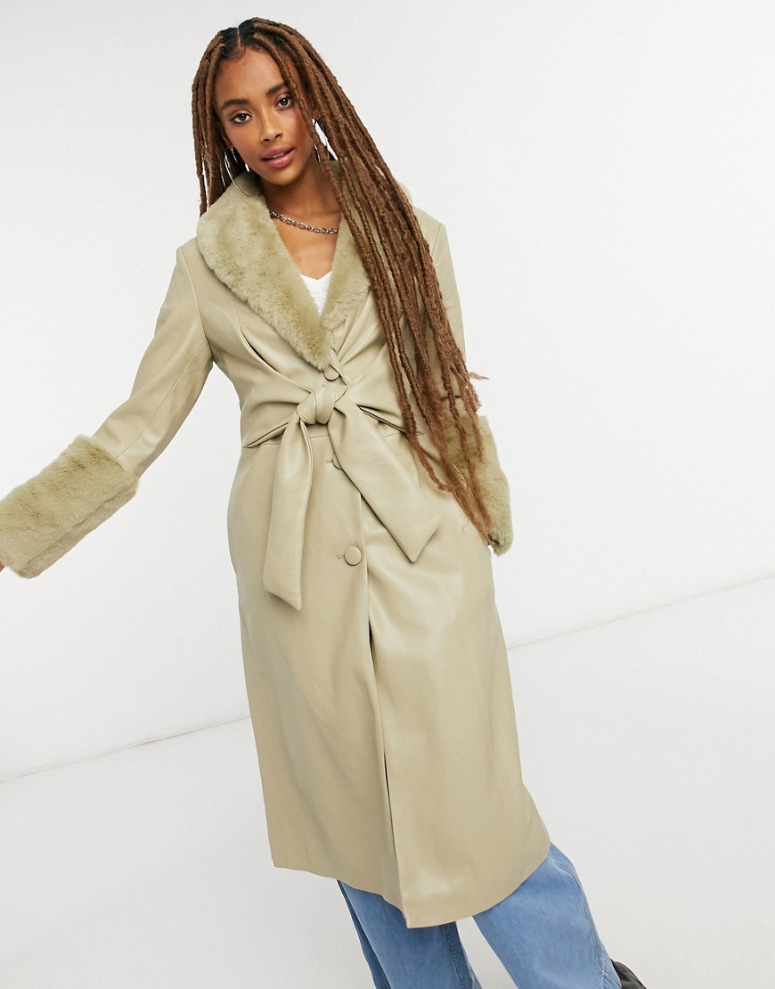 Jakke tilda faux leather wrap front trench coat with extreme faux fur trim-Green
