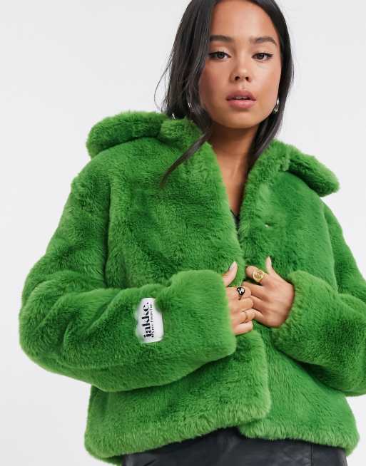 Tommy cropped faux fur coat collar and pockets in green | ASOS