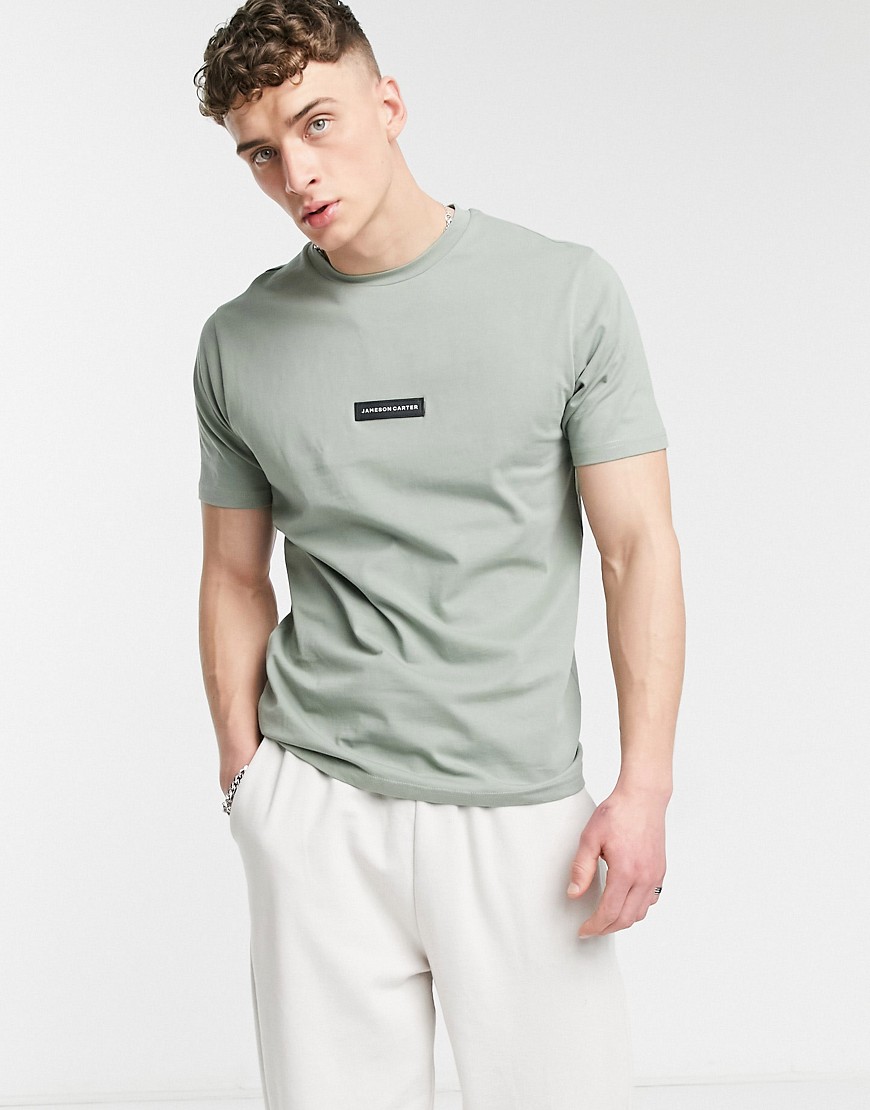 Jameson Carter matt leather patch t-shirt in olive-Green