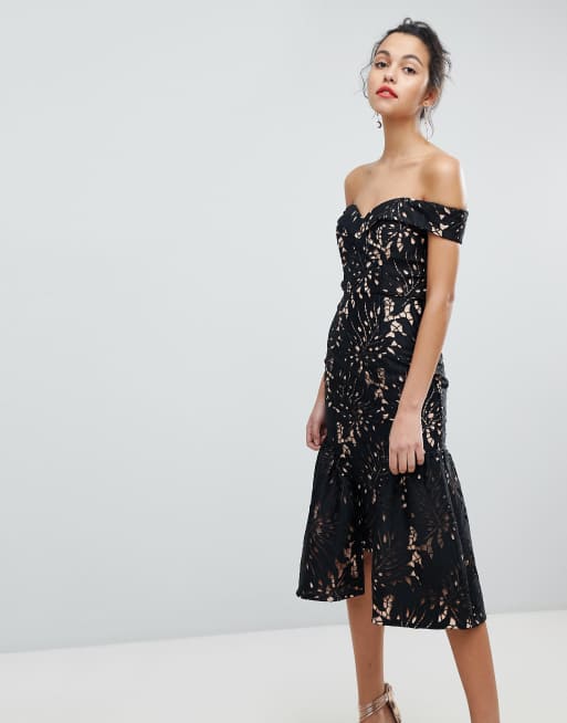 Jarlo All Over Cutwork Lace Bardot Midi Prom Dress With Ruffle Hem | ASOS