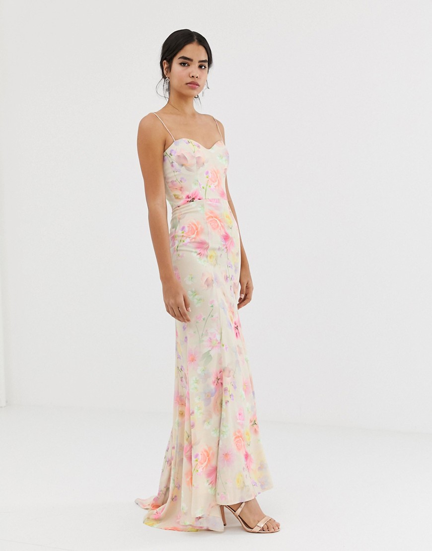 Jarlo all over printed maxi dress with train in floral-Multi