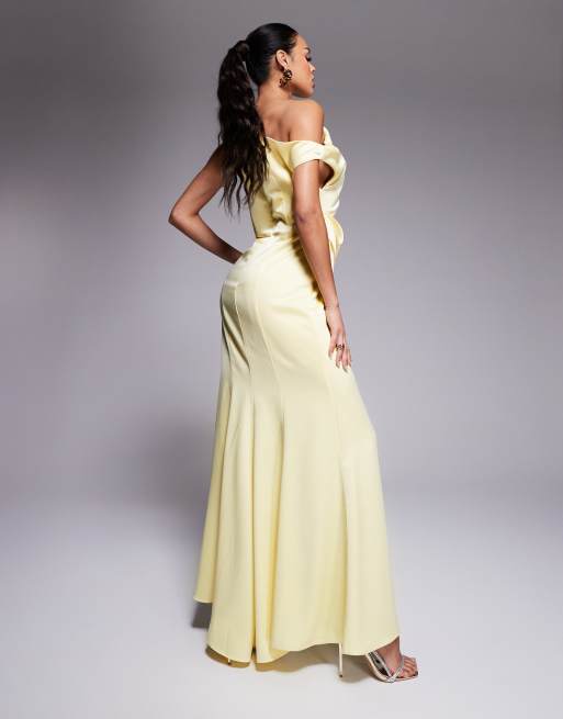 Jarlo asymmetric drape satin maxi dress in lemon