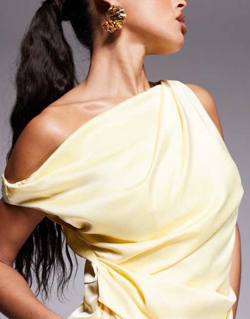 Jarlo asymmetric drape satin maxi dress in lemon