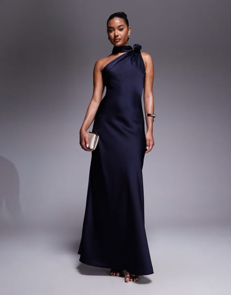 Jarlo one shoulder satin maxi dress with corsage neck detail in navy