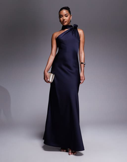 Jarlo asymmetric satin maxi dress with corsage neck detail in navy