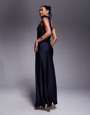 Jarlo Asymmetric Satin Maxi Dress With Corsage Neck Detail In Blue