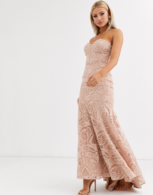 Jarlo bandeau lace embroided maxi dress with fishtail in pearl pink