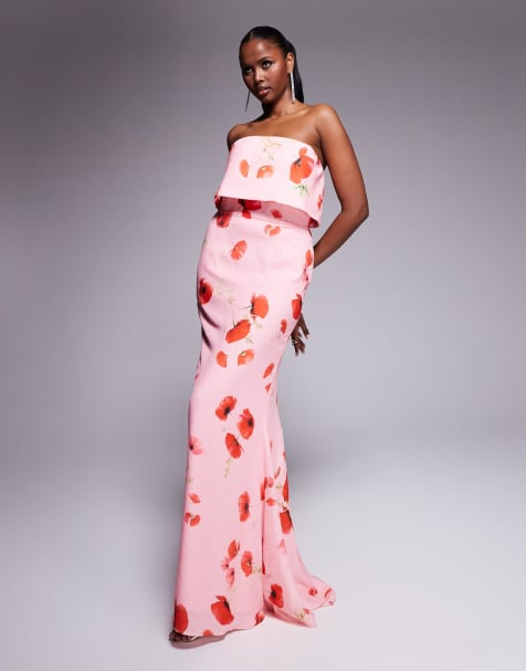 Jarlo bandeau maxi dress in pink poppy print