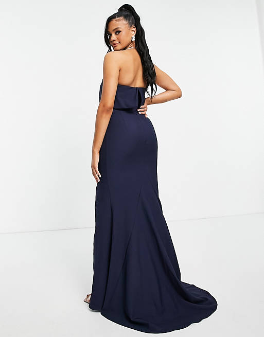 Women Jarlo bandeau overlay maxi dress with thigh split in navy 
