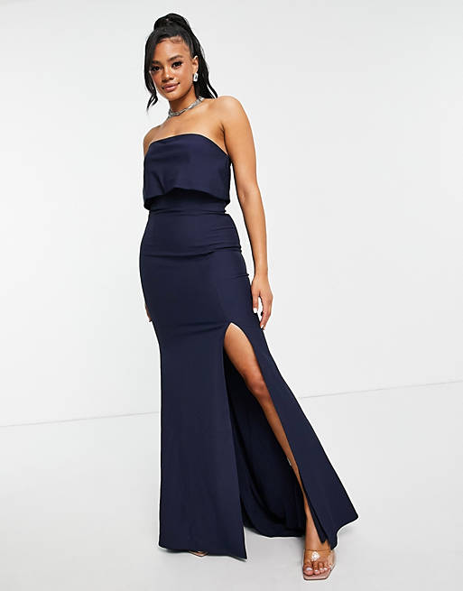 Women Jarlo bandeau overlay maxi dress with thigh split in navy 