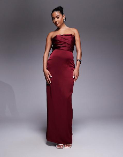 Jarlo bandeau satin maxi dress with bow back in burgundy - view 1