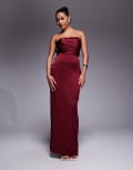 [Jarlo] Jarlo bandeau satin maxi dress with bow back in burgundy-Red 14 BURGUNDY