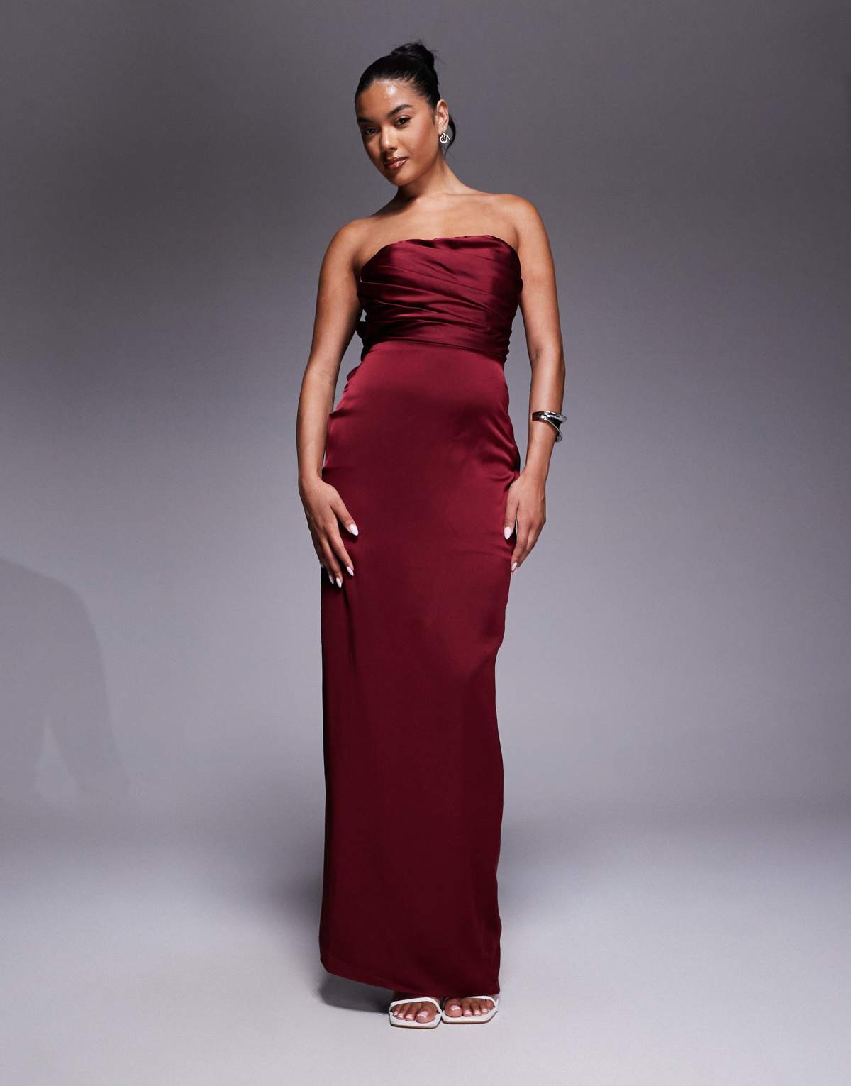 Jarlo bandeau satin maxi dress with bow back in burgundy