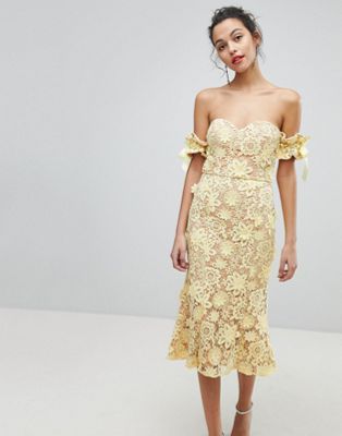 Jarlo - Bardot midi-jurk met knoop-mouwen-Geel