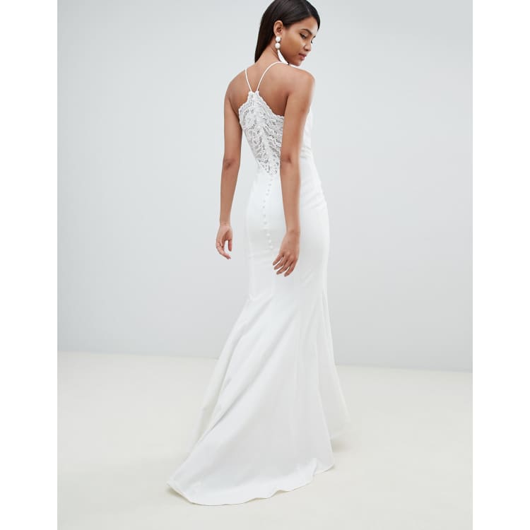 Jarlo cami strap fishtail maxi dress with lace button back detail in white ASOS