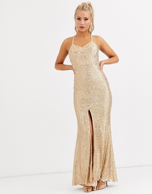 Jarlo cami strap sequin gown with back detail in gold