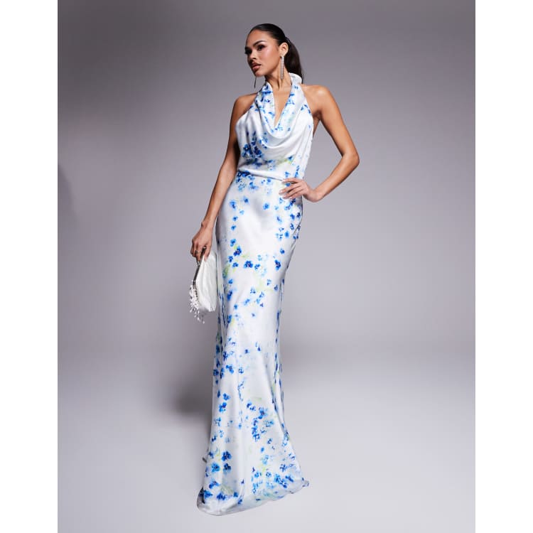 Jarlo cowl halter neck satin maxi dress in blue floral