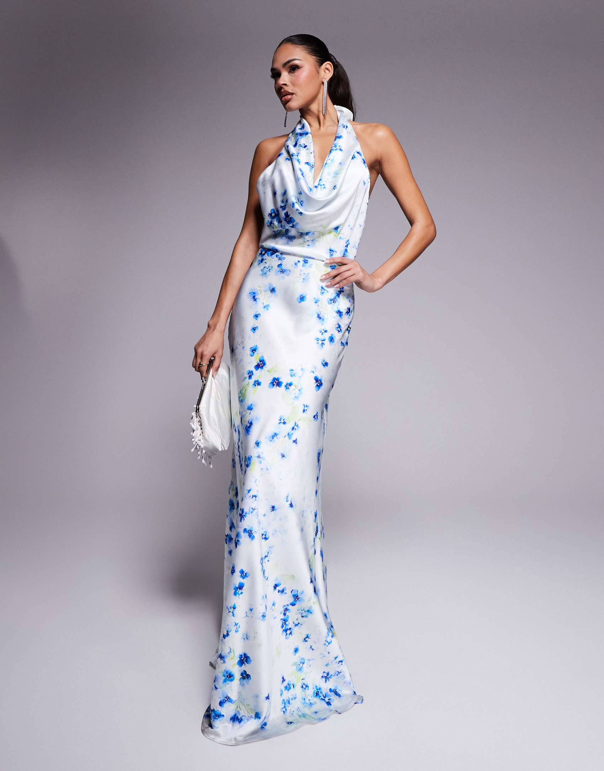 jarlo cowl halter neck satin maxi dress in blue floral