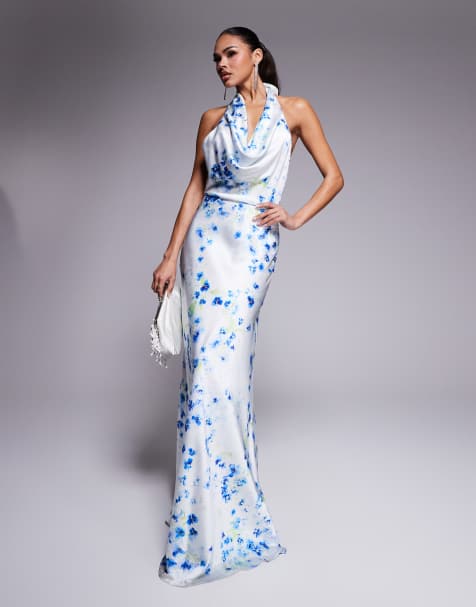 Jarlo cowl halter neck satin maxi dress in blue floral