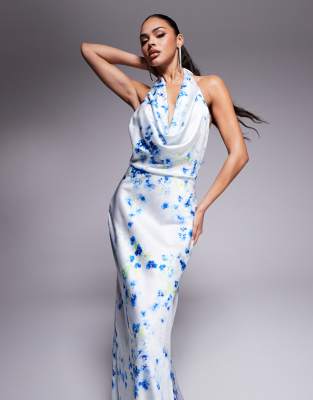 Jarlo Cowl Halter Neck Satin Maxi Dress In Blue