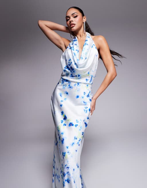 Jarlo cowl halter neck satin maxi dress in blue floral, 2 of 4