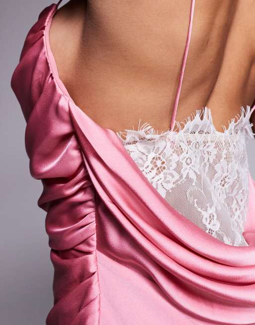 Jarlo cowl neck satin maxi dress with lace detail in blush pink