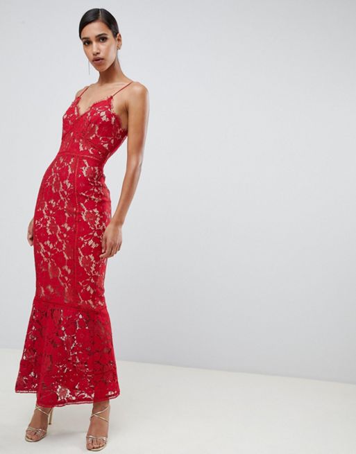 Jarlo – Czerwona koronkowa sukienka maxi na cienkich ramiączkach | ASOS