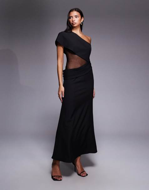 Jarlo Darcy – Maxikleid in Schwarz mit One-Shoulder-Träger, Netzstoffeinsätzen und Schärpe an der Taille - view 1