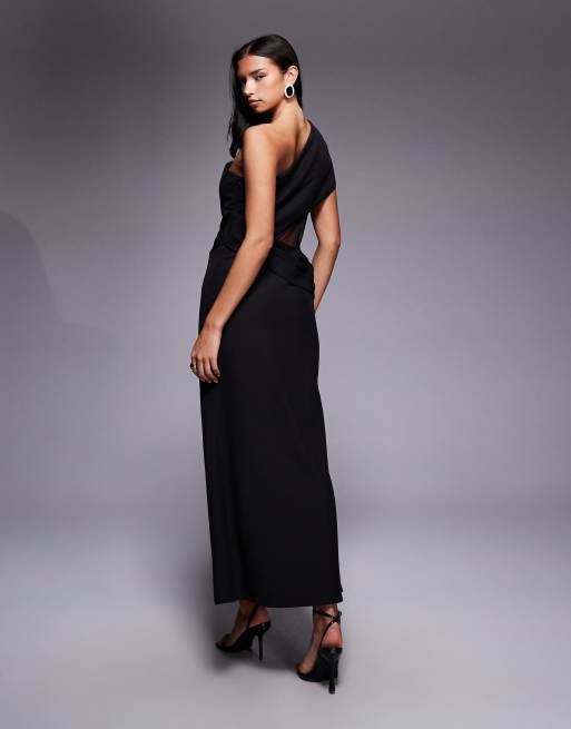 Jarlo Darcy – Maxikleid in Schwarz mit One-Shoulder-Träger, Netzstoffeinsätzen und Schärpe an der Taille, 4 von 4