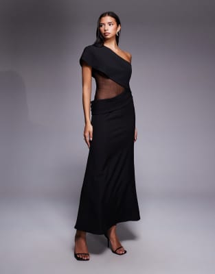 Jarlo - Darcy - Robe longue asymétrique à empiècements en tulle et ceinture ruban - Noir
