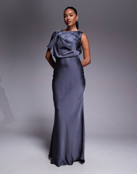 Jarlo drape shoulder detail satin maxi dress in grey