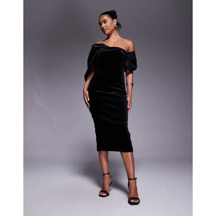 Jarlo draped bardot sleeve midi dress in black