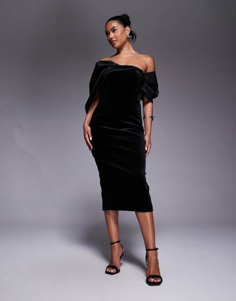 Jarlo draped bardot sleeve midi dress in black